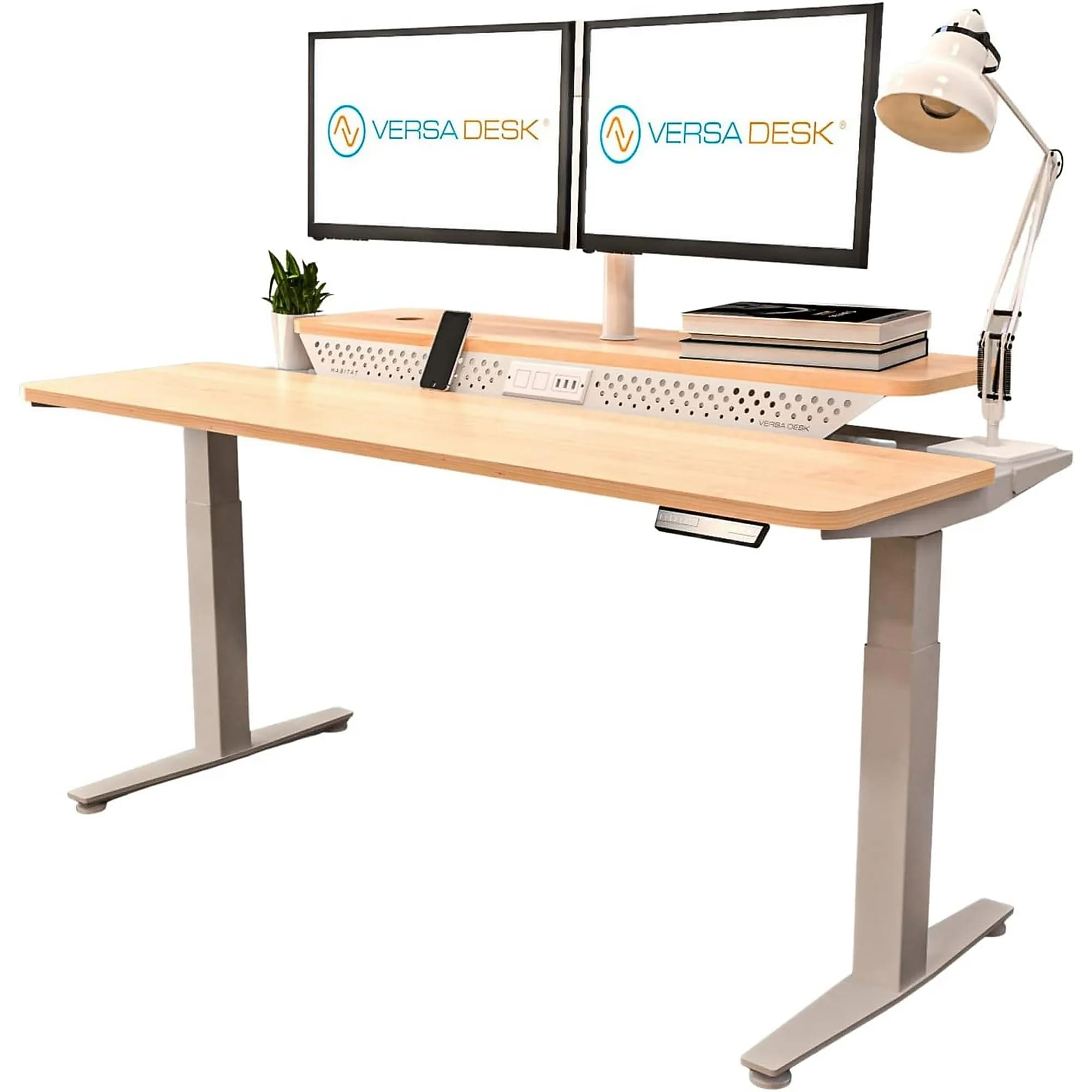 VersaDesk PowerLift Split-Level 60"W Electric Rectangular Adjustable Standing Desk, Maple/White (PL2SD6030-WM)