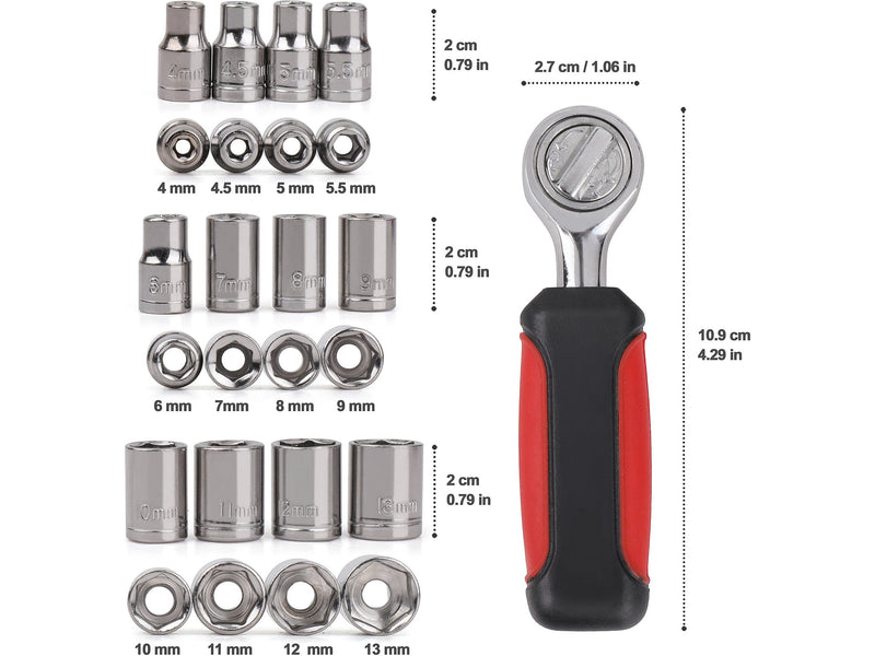 Apollo Tools 13-Piece 0.25" Drive Metric Socket Set, Red/Black (DT5023)