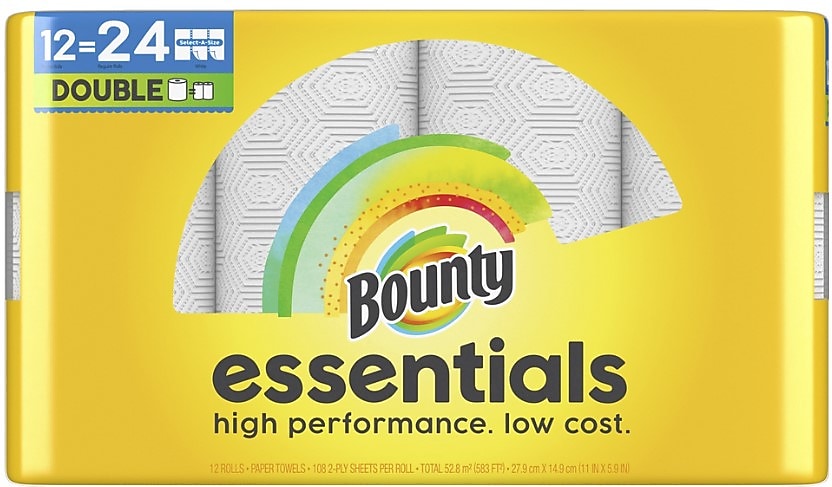 Bounty Essentials Select-A-Size Double Roll Paper Towels, 2-ply, White, 108 Sheets/Roll, 12 Rolls/Pack (11093)
