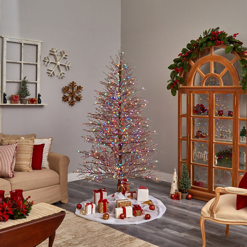 Nearly Natural 7-ft Frosted Berry Twig Artificial Christmas Tree with 450 Multicolored Gum Ball LED Lights (T3258)