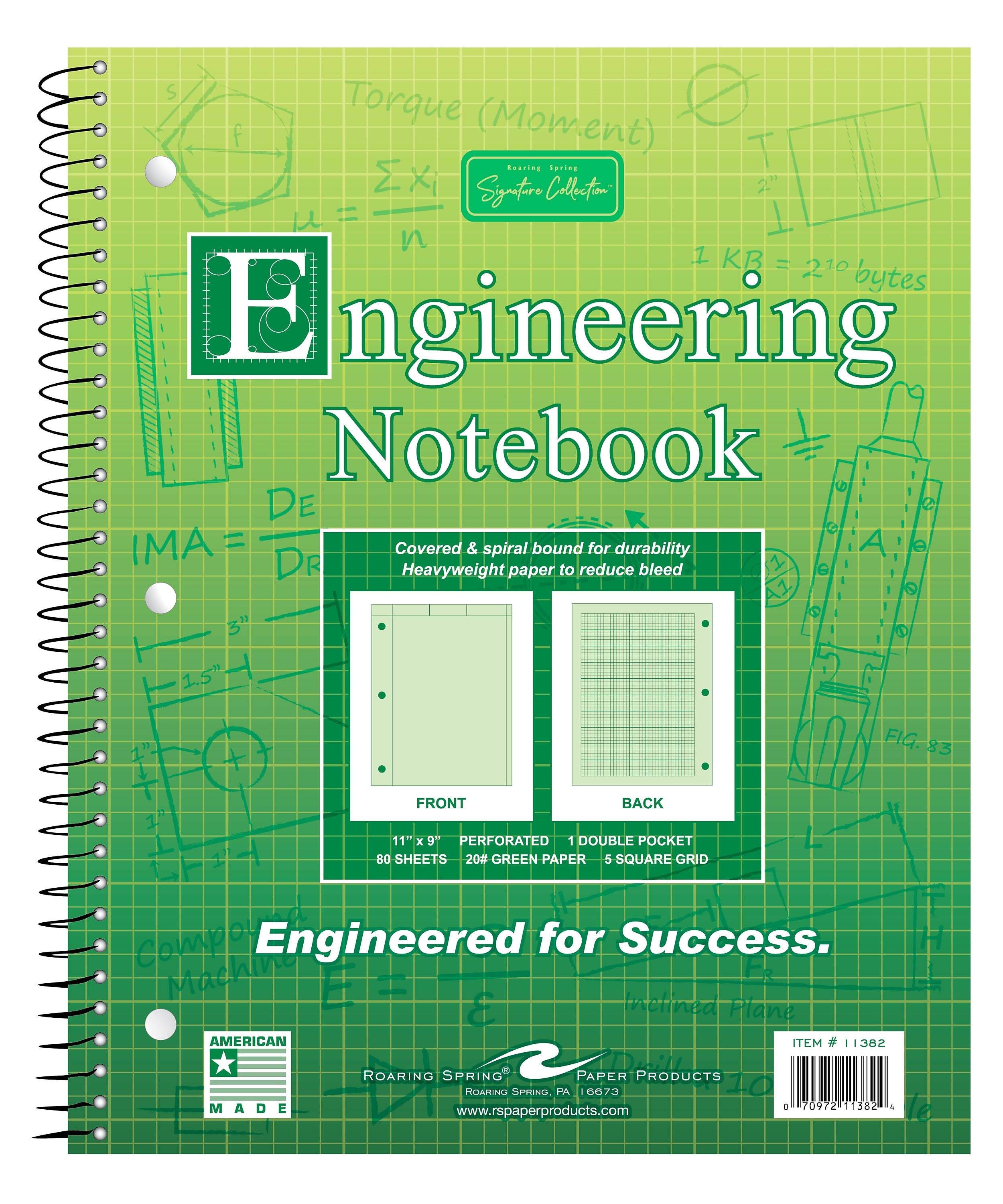 Roaring Spring Paper Products Signature 1-Subject Professional Notebooks, 8.5" x 11", Graph Ruled, 80 Sheets, Green (11382)