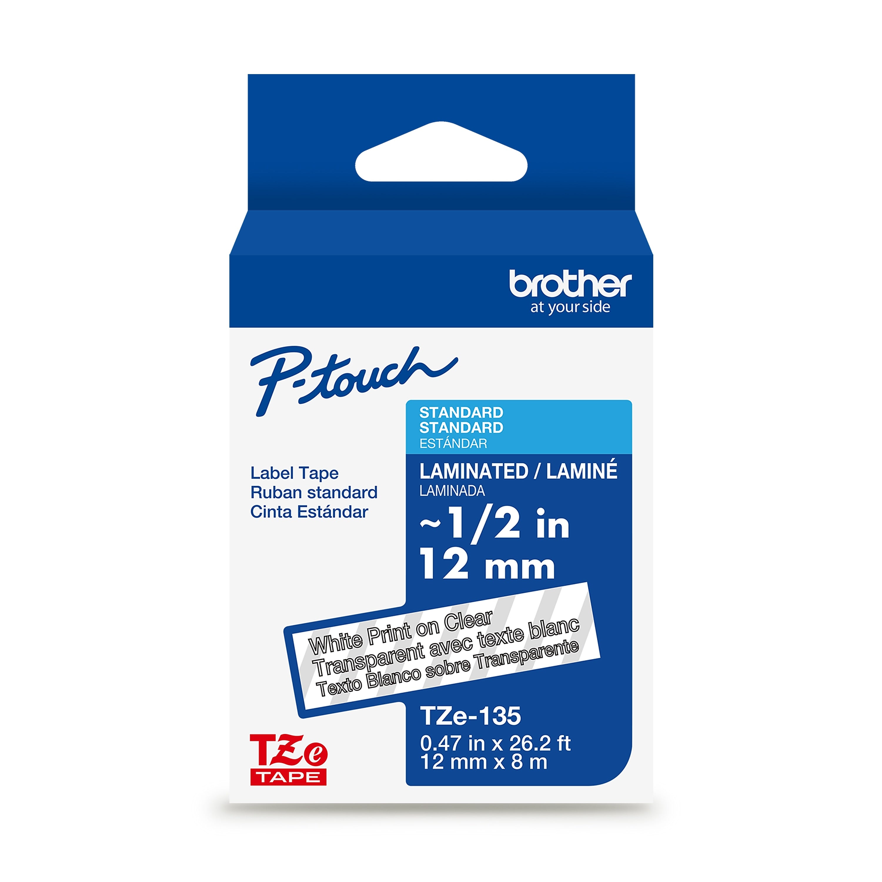 Brother P-touch Laminated Label Tape, ~1/2" x 26.2', White on Clear (TZe135)