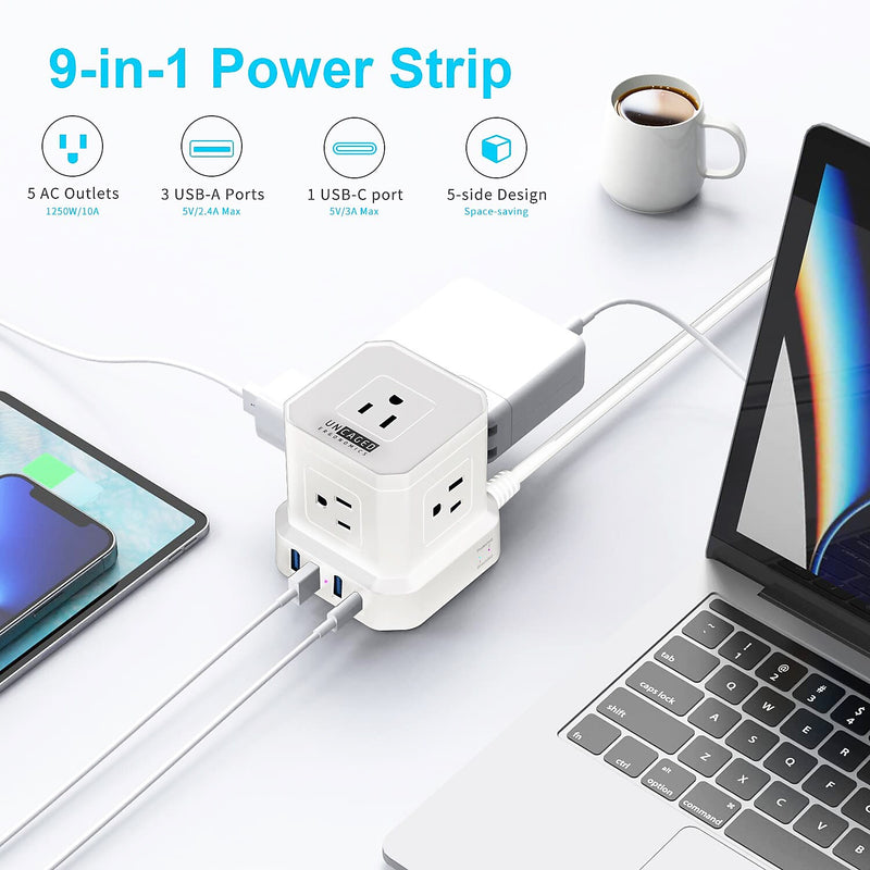 Uncaged Ergonomics Cube 5-Outlet 4-USB Port Surge Protector, 10', White (PC-w-c)