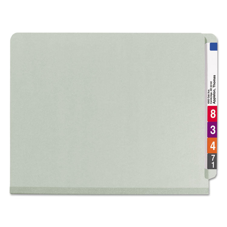 End Tab Pressboard Classification Folders, Six SafeSHIELD Fasteners, 2" Expansion, 2 Dividers, Letter Size, Gray-Green, 10/BX
