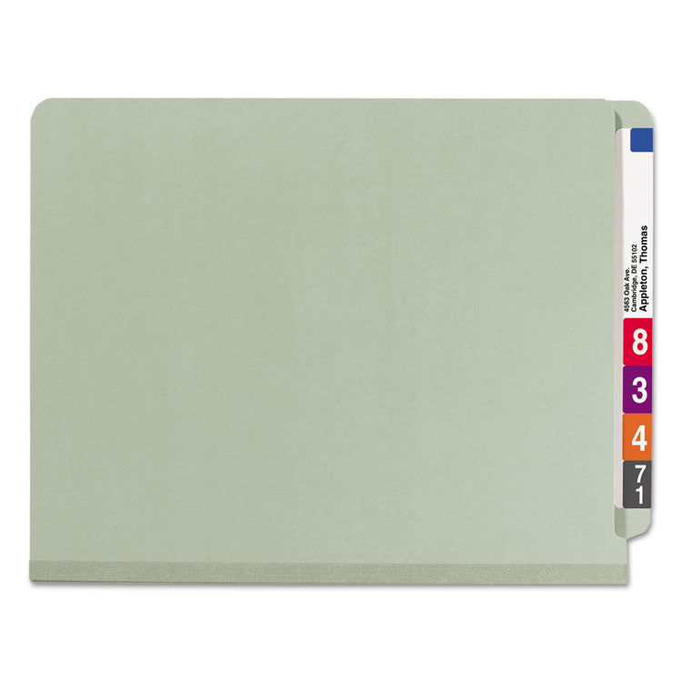 End Tab Pressboard Classification Folders, Four SafeSHIELD Fasteners, 2" Expansion, 1 Divider, Letter Size, Gray-Green, 10/BX