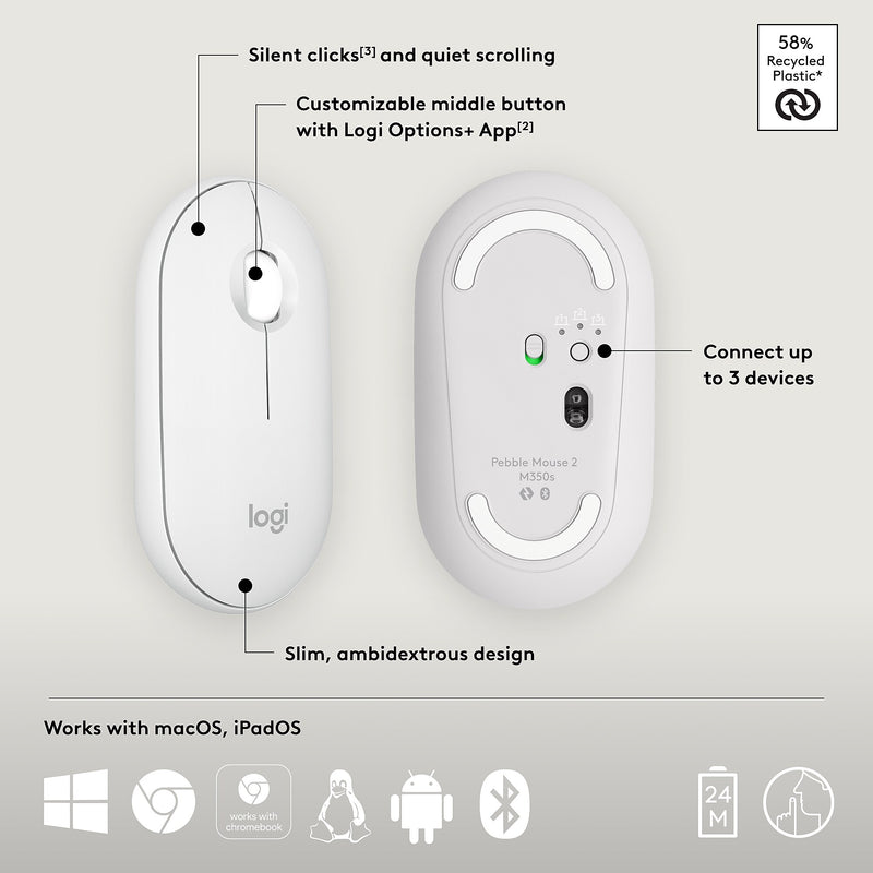 Logitech Pebble 2 M350s Wireless Ambidextrous Optical Mouse, Tonal White (910-007022)