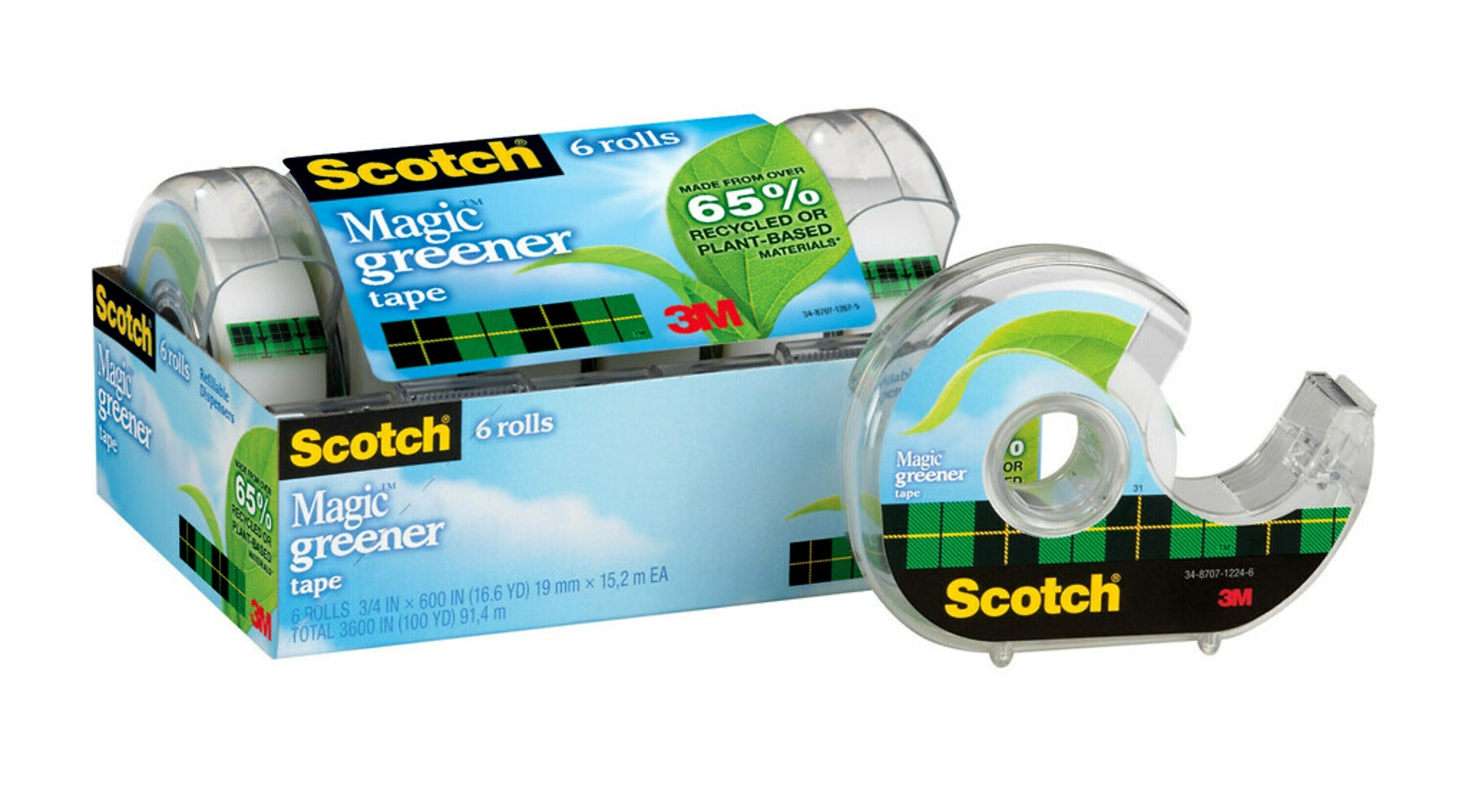 Scotch Magic Greener Invisible Clear Tape Refill, 0.75" x 16.67 yds., 1" Core, 6 Rolls/Pack (6123)