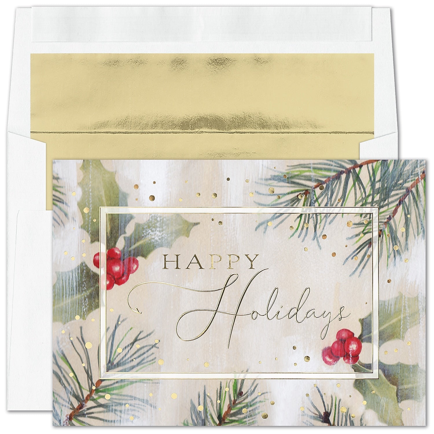 "Watercolor Pine" Holiday Card w/ Gold Lined White Envelope, 100/BX
