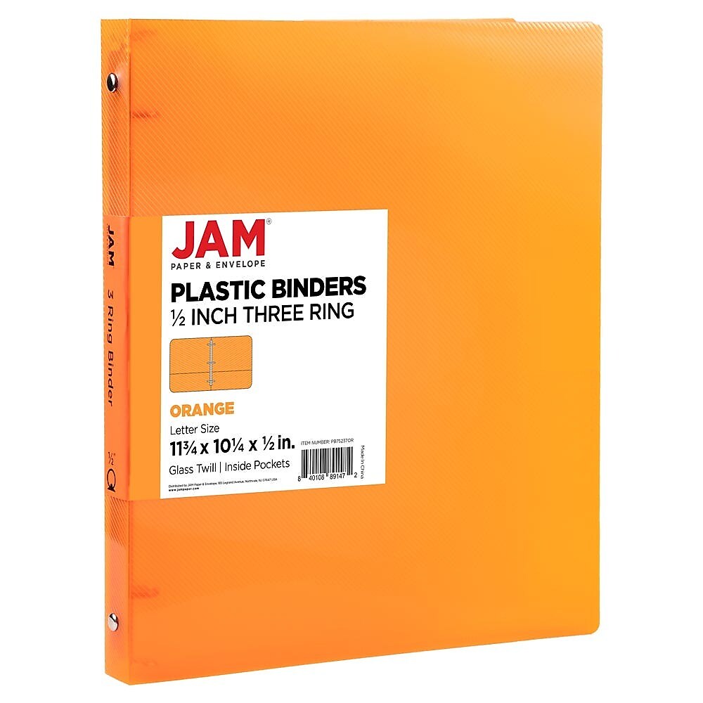 JAM Paper 1/2" 3-Ring Flexible Poly Binder, Orange (PB75237OR)