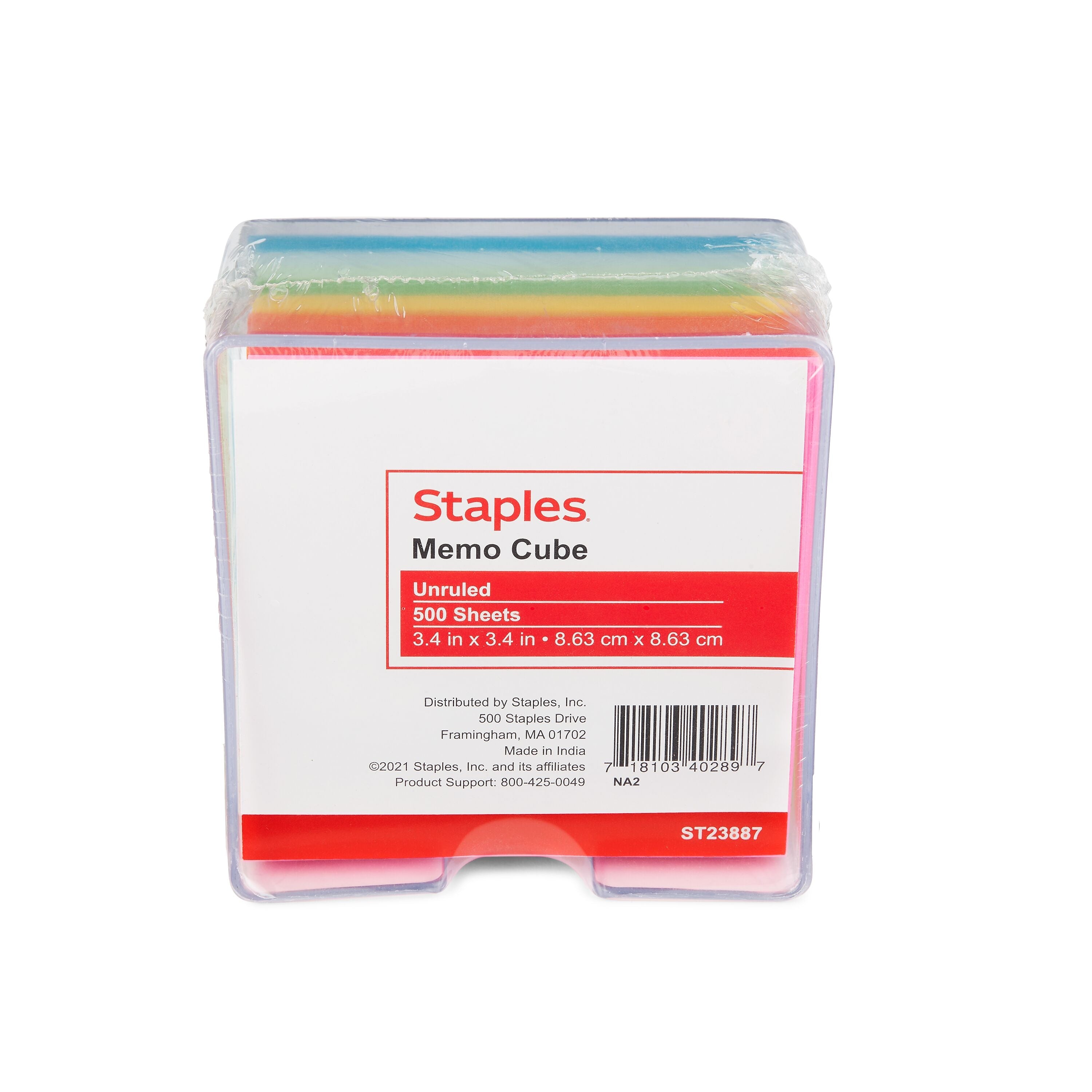Staples Memo Cube Memo Pad, 3.4" x 3.4", Unruled, Assorted Colors, 500 Sheets/Pad (ST23887C)