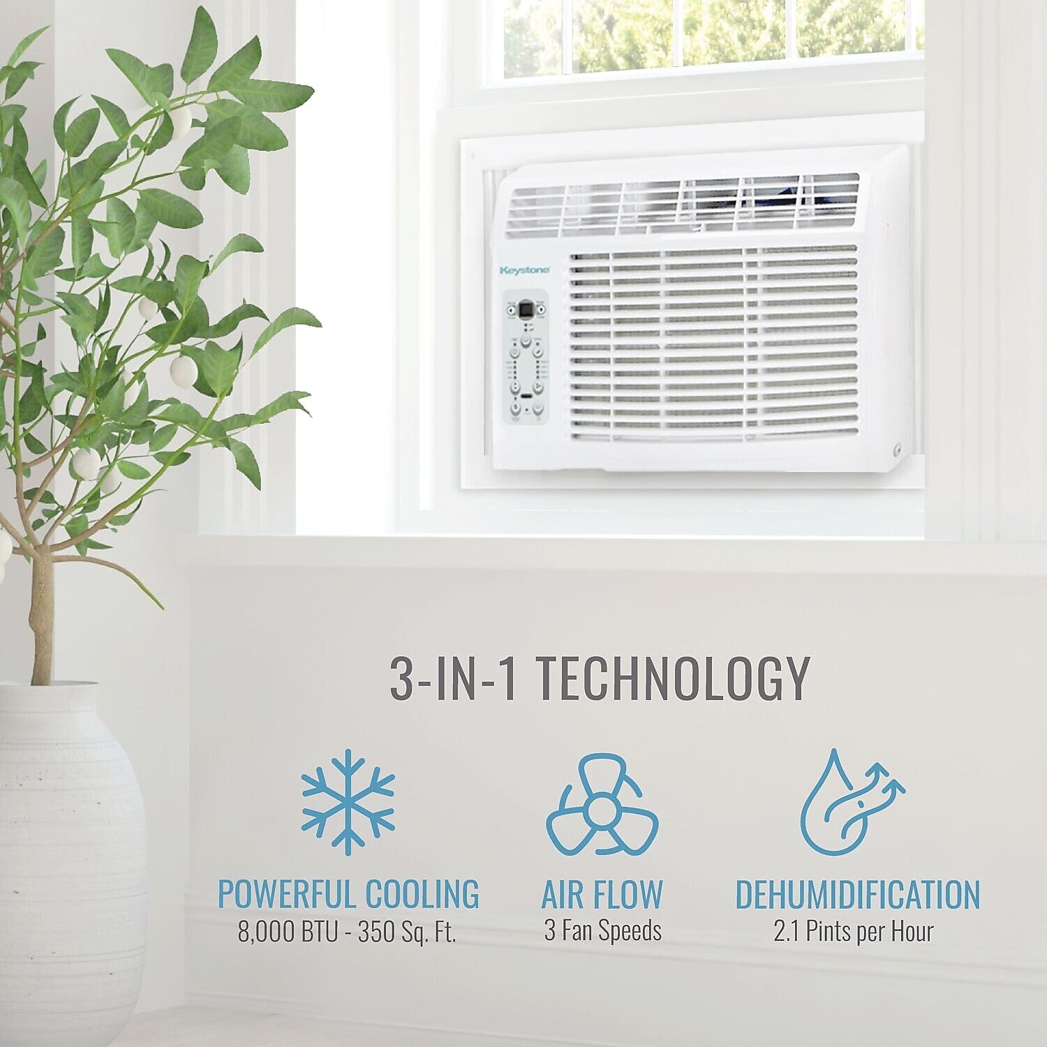 Keystone 8,000 BTU Window-Mounted Air Conditioner with Follow Me LCD Remote Control, White (KSTAW08CE)