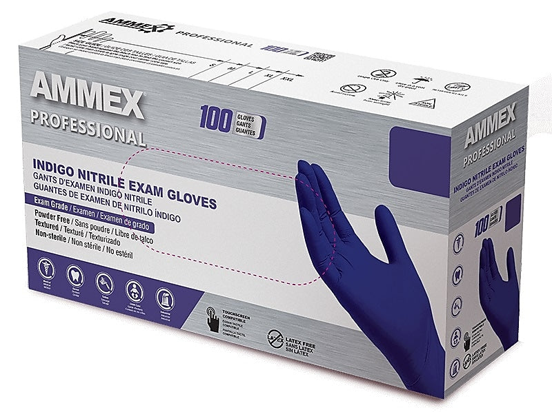 Ammex Professional Series Powder Free Nitrile Exam Gloves, Latex Free, Medium, Indigo, 100/Box, 10/Carton (AINPF44100-CC)