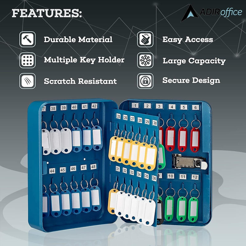 AdirOffice 48-Key Cabinet with Combination Lock and Key Tags, Blue (682-48-BLU-689-PKG)