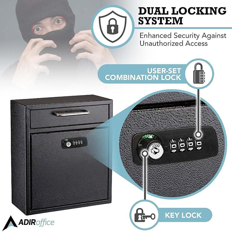 AdirOffice Steel Combination Locking Wall Mounted Interoffice Drop Box Mailbox, Medium, Black (631-05-BLK-KCPK)