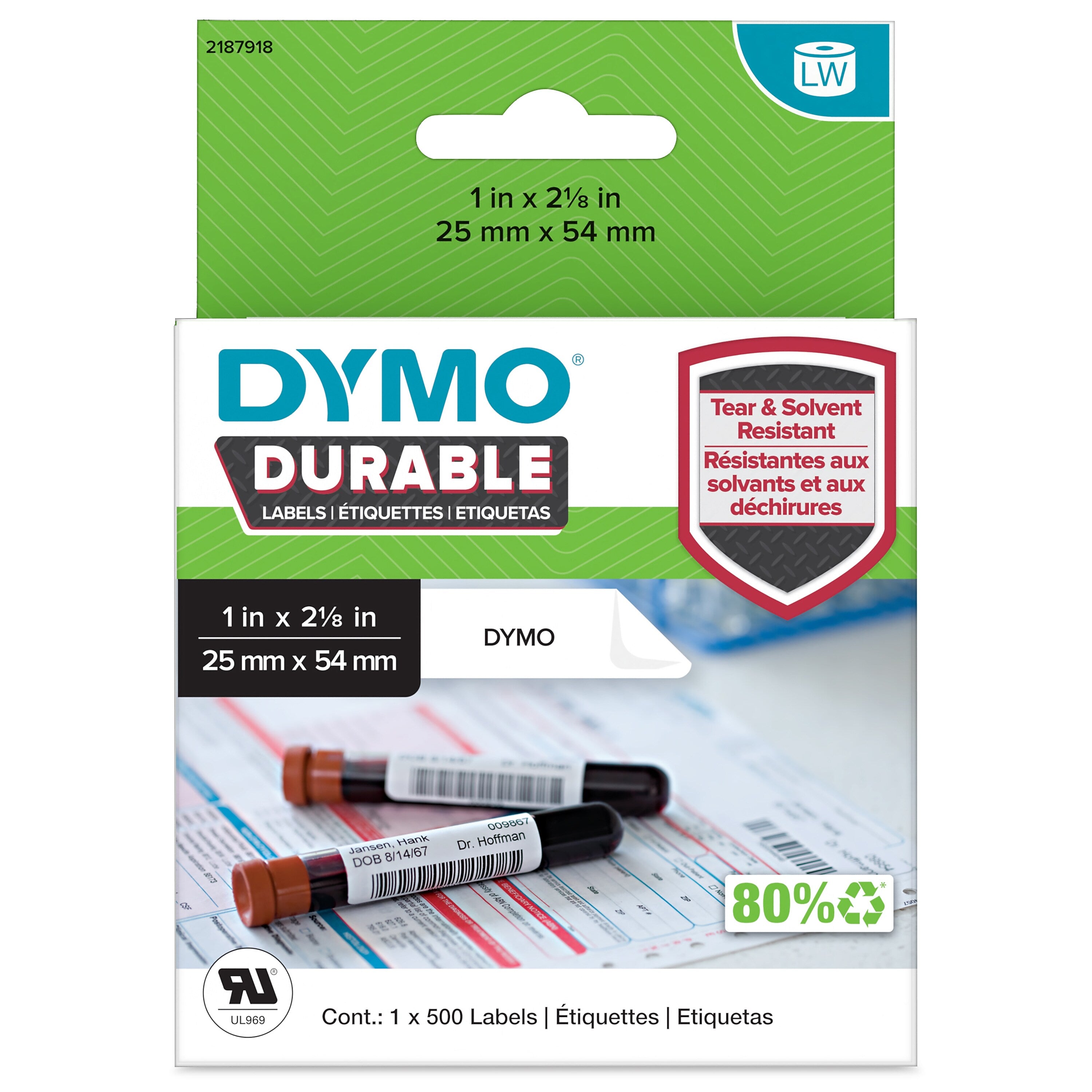 DYMO® LabelWriter™ Durable Laboratory and Medical Labels, 1" X 2-1/8", 500 Labels (2187918)
