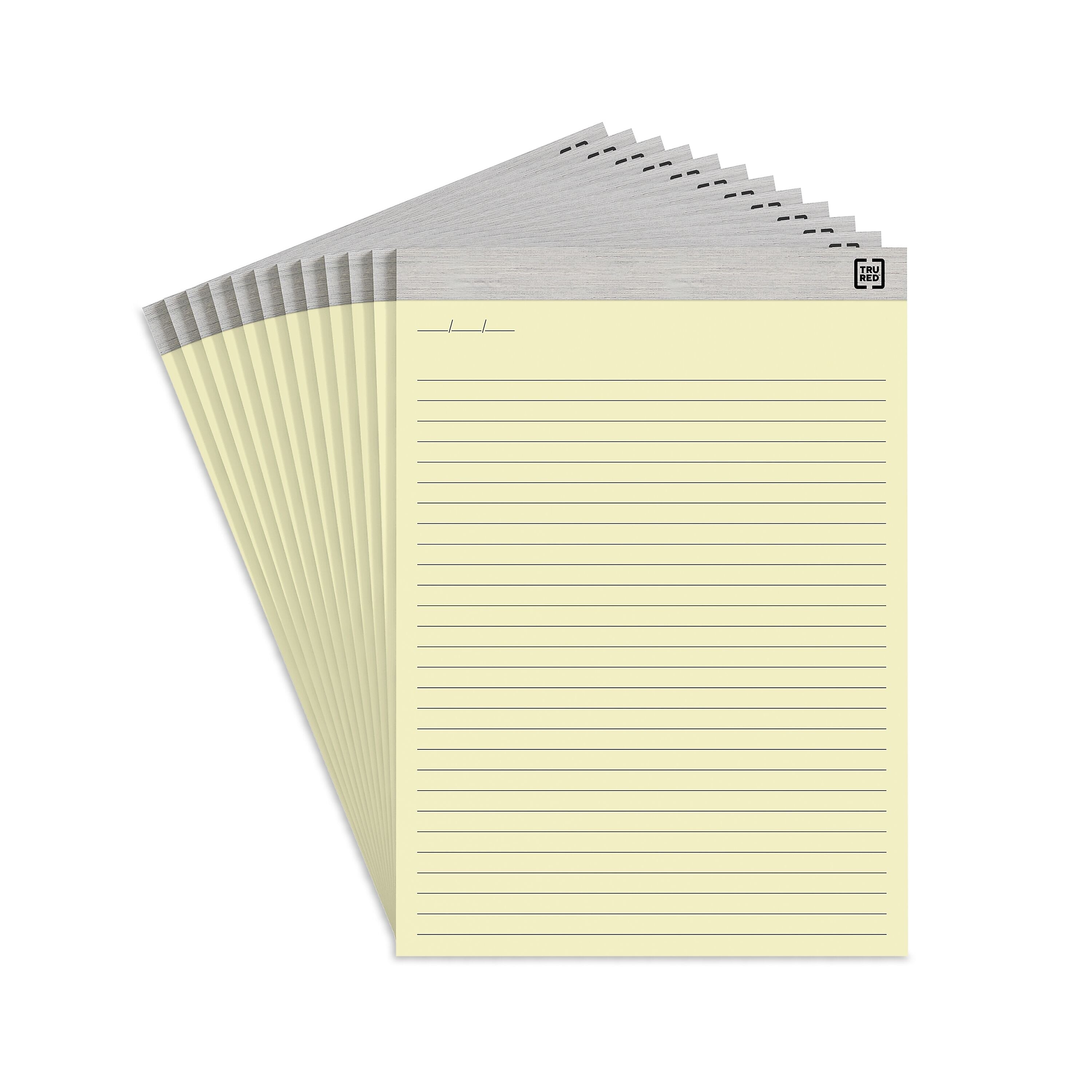 TRU RED™ Notepads, 8.5" x 11.75", Wide Ruled, Canary, 50 Sheets/Pad, 12 Pads/Pack (TR57381)