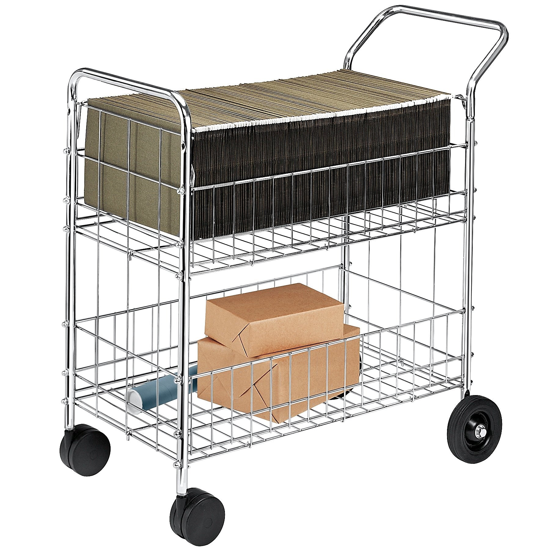 Fellowes 2-Shelf Metal Mobile Mail Cart with Dual Wheel Front Casters, Chrome (40912)