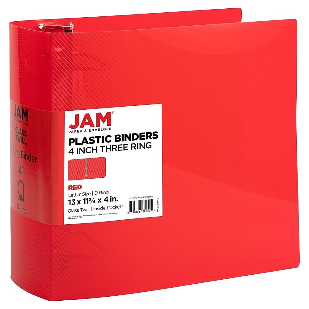 JAM Paper 4" 3-Ring Flexible Poly Binder, Red (PB75245RE)