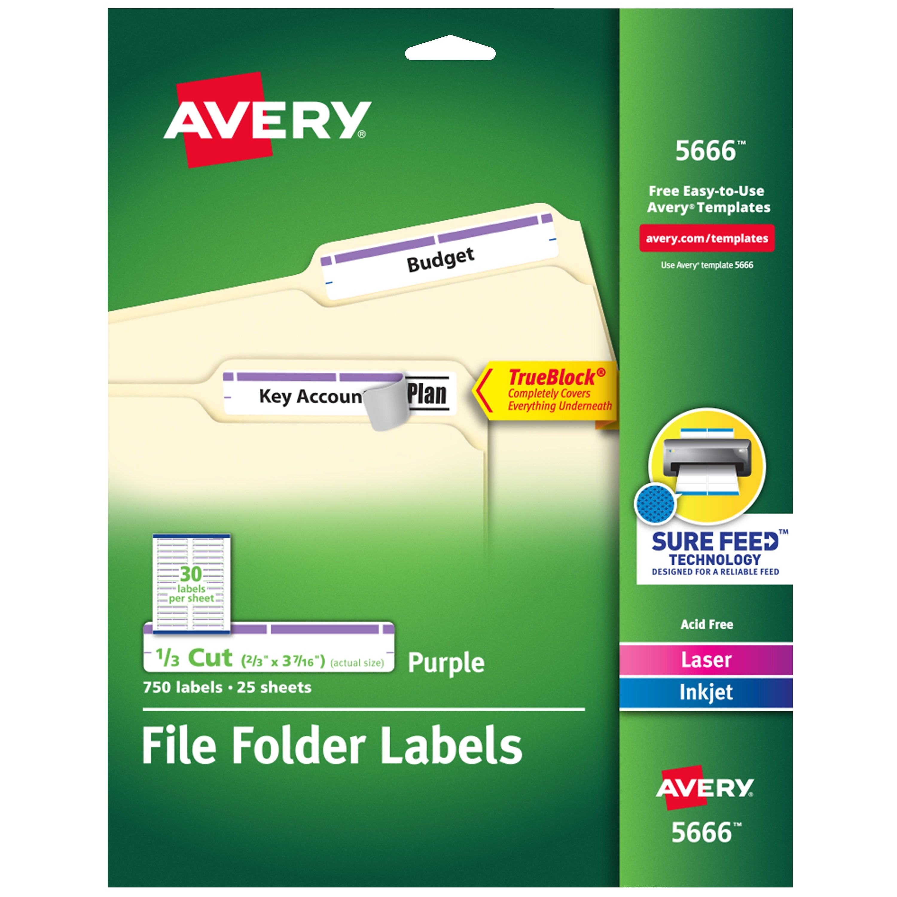Avery TrueBlock Laser/Inkjet File Folder Labels, 2/3" x 3-7/16", White/Purple, 750 Labels/Pack (5666)