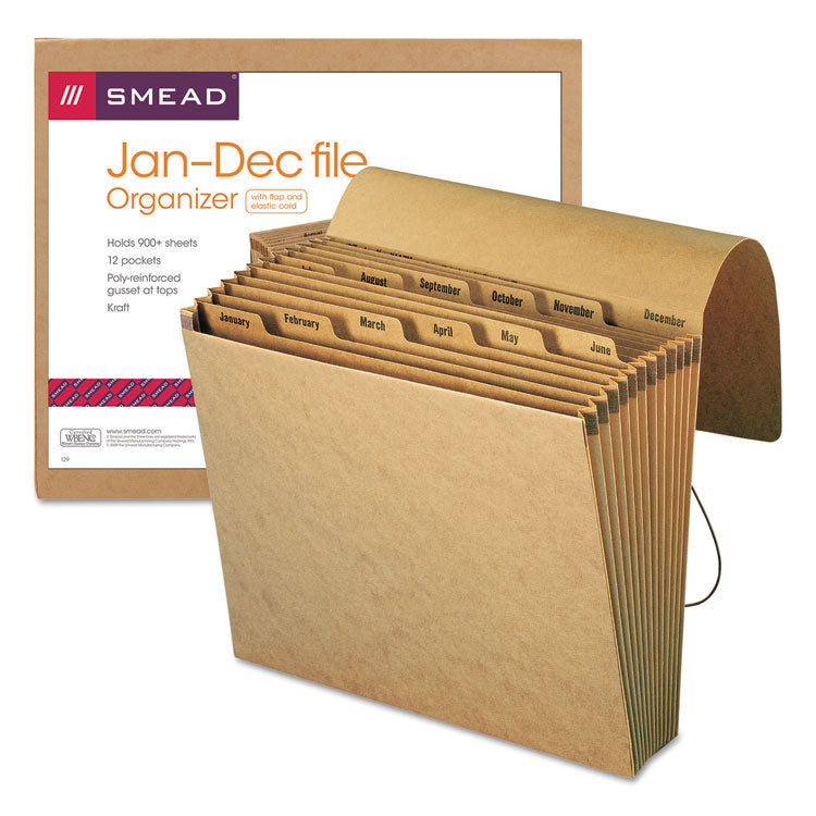 Indexed Expanding Kraft Files, 12 Sections, Elastic Cord Closure, 1/12-Cut Tabs, Letter Size, Kraft