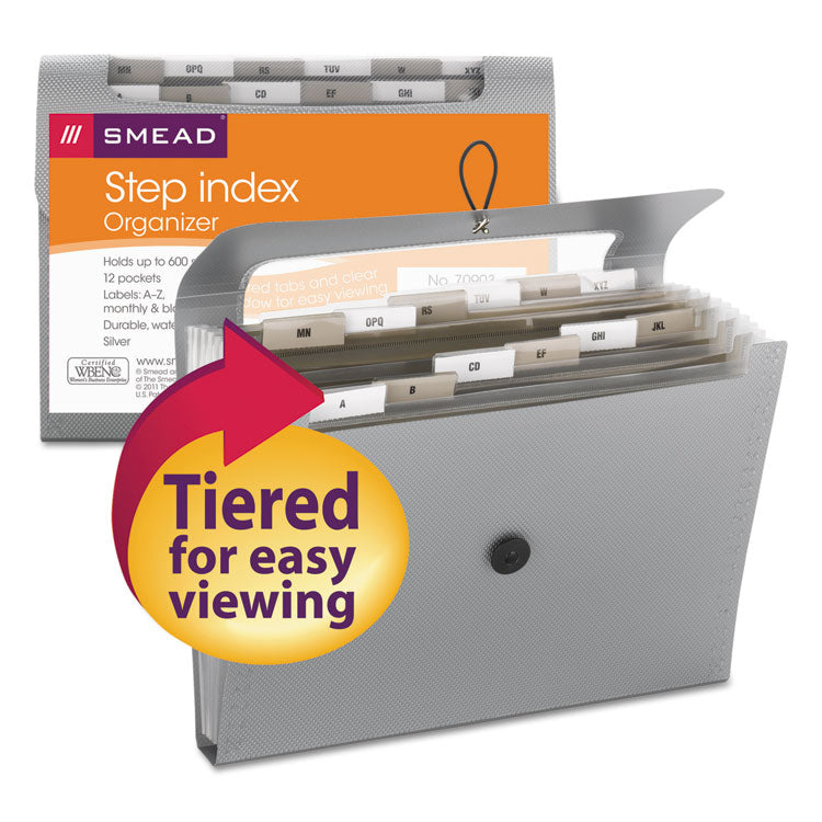 Step Index Organizer, 12 Sections, Cord/Hook Closure, 1/6-Cut Tabs, Letter Size, Silver