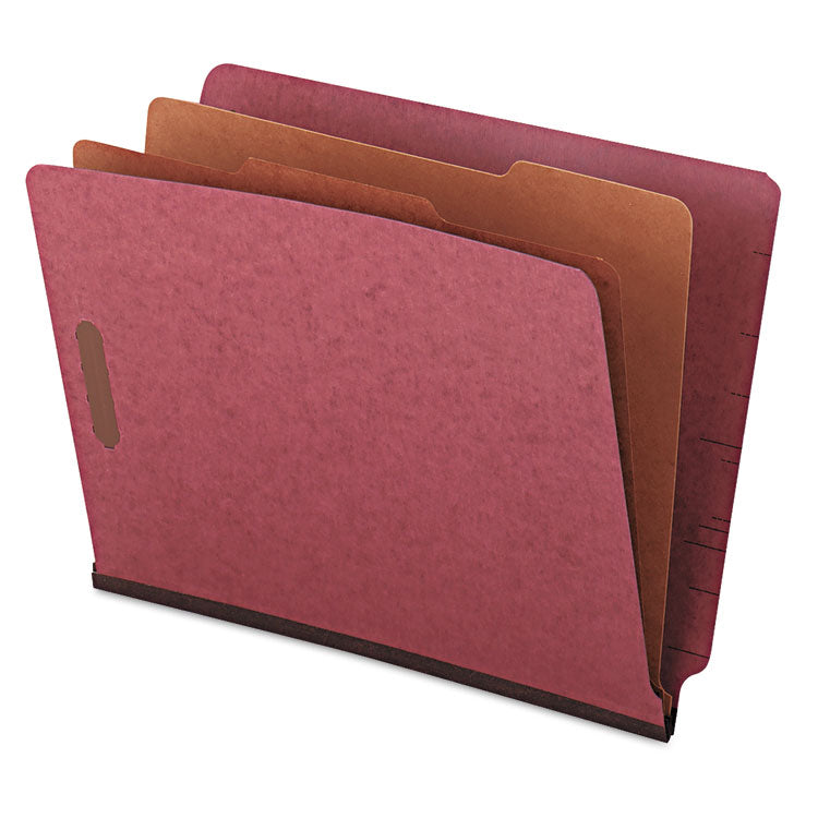 Red Pressboard End Tab Classification Folders, 2" Expansion, 2 Dividers, 6 Fasteners, Letter Size, Red Exterior, 10/Box