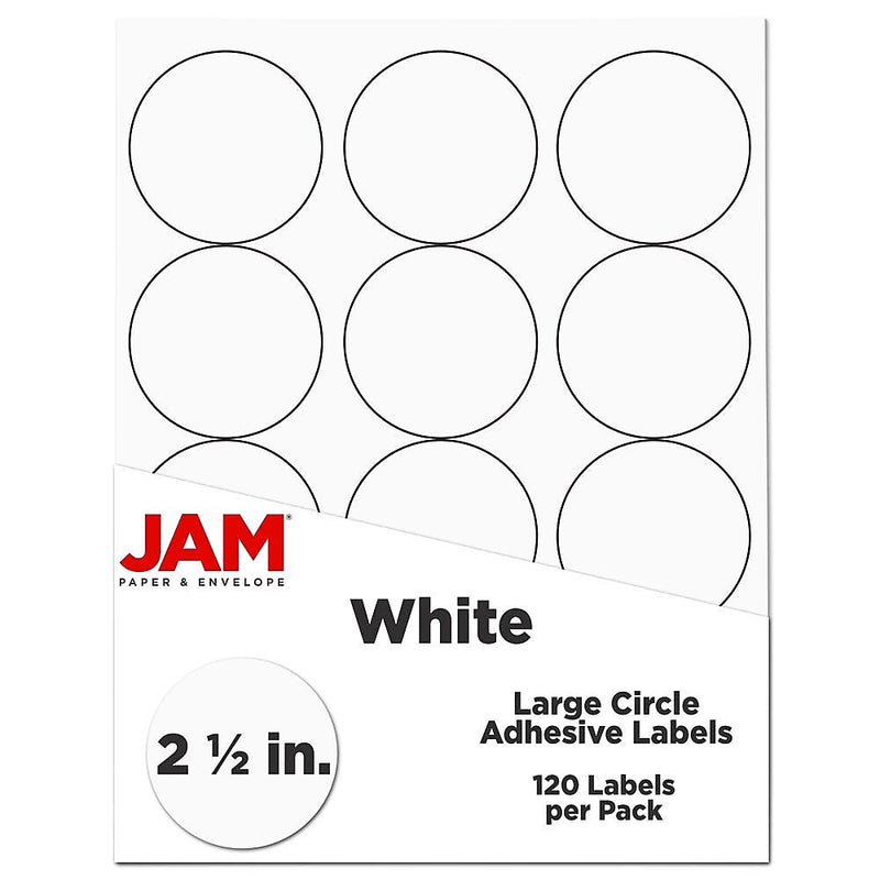 JAM Paper Laser/Inkjet Round Shipping Labels, 2.5" Dia, White, 120/Pack (2147615066)