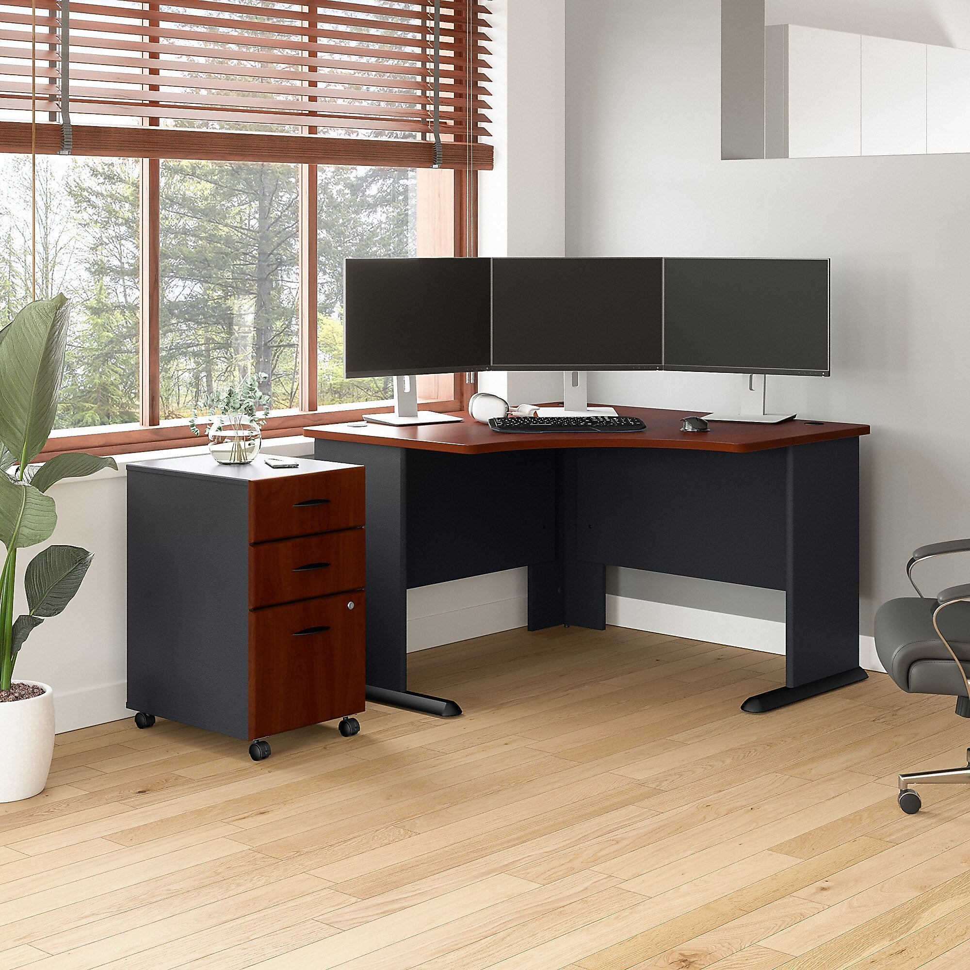 Bush Business Furniture Cubix 48"W Corner Desk with Mobile File Cabinet, Hansen Cherry/Galaxy (SRA035HCSU)
