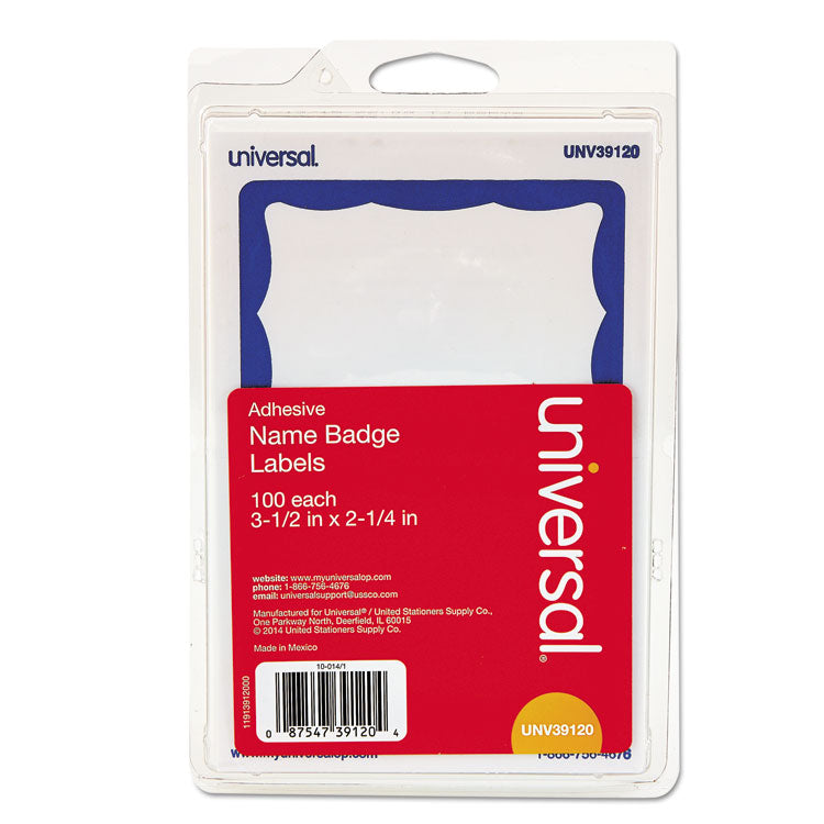 Border-Style Self-Adhesive Name Badges, 3 1/2 X 2 1/4, White/blue, 100/pack
