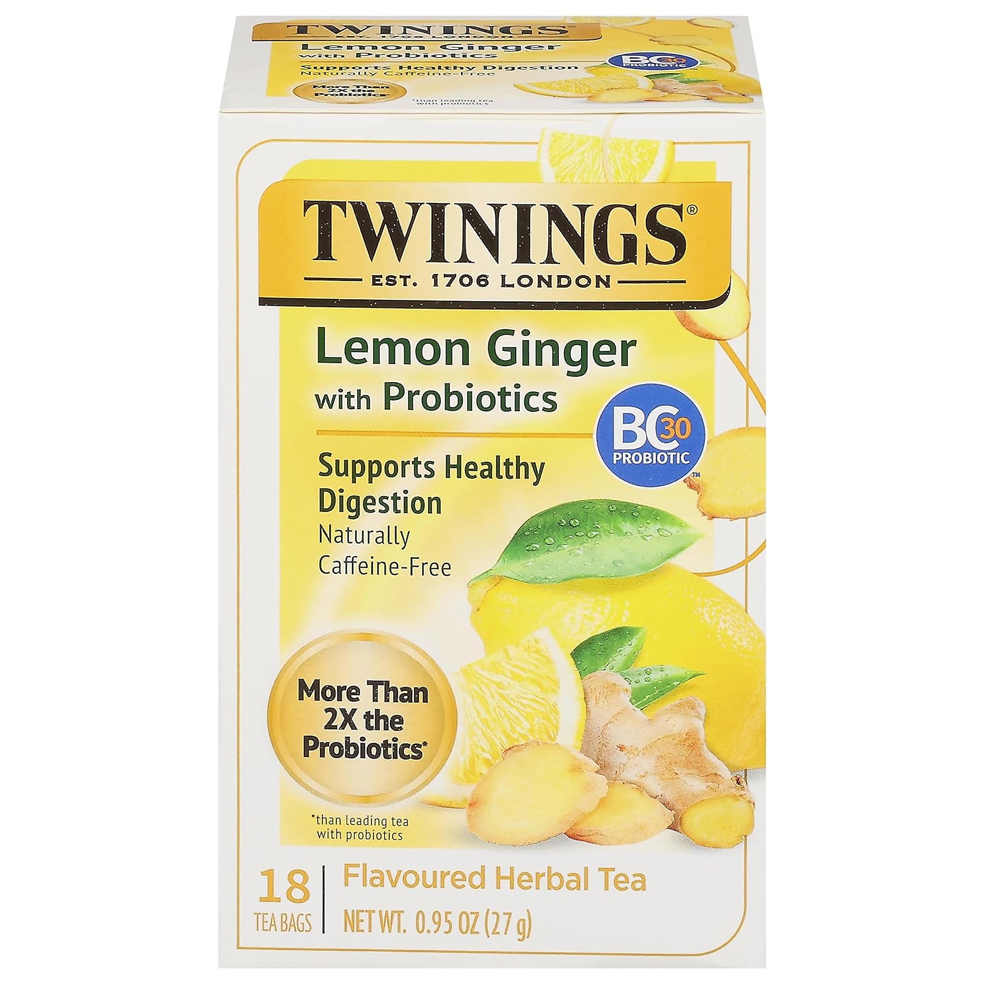 Twinings Decaf Probiotics Lemon and Ginger Herbal Tea Bags, 18/Box (F16483)