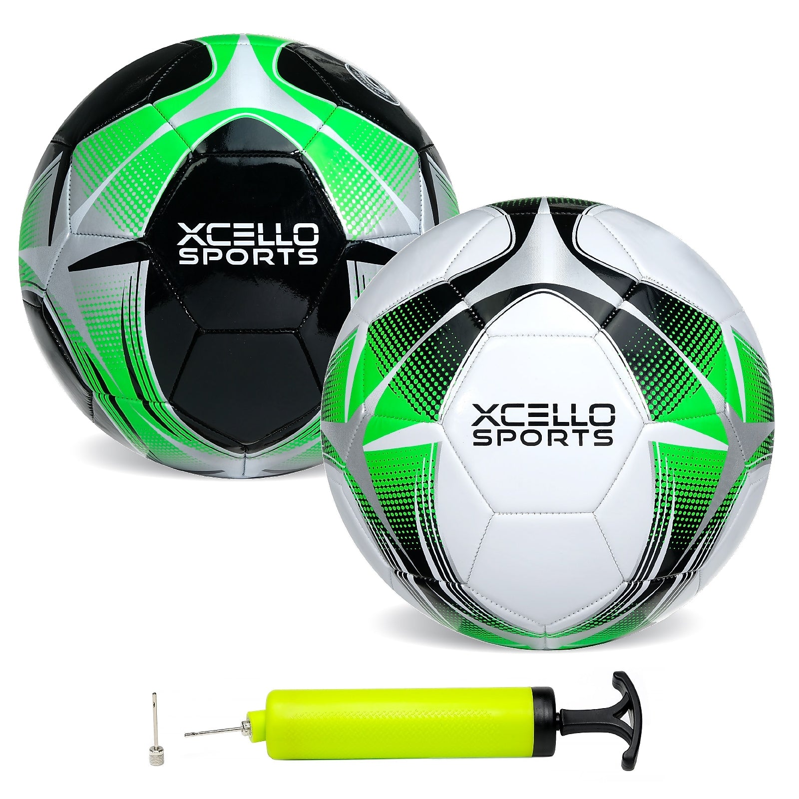 Xcello Sports Size 4 Soccer Balls with Pump, Black/Green/Silver, White/Green/Silver, 2/Pack (SB-S4-2-ASST-7)
