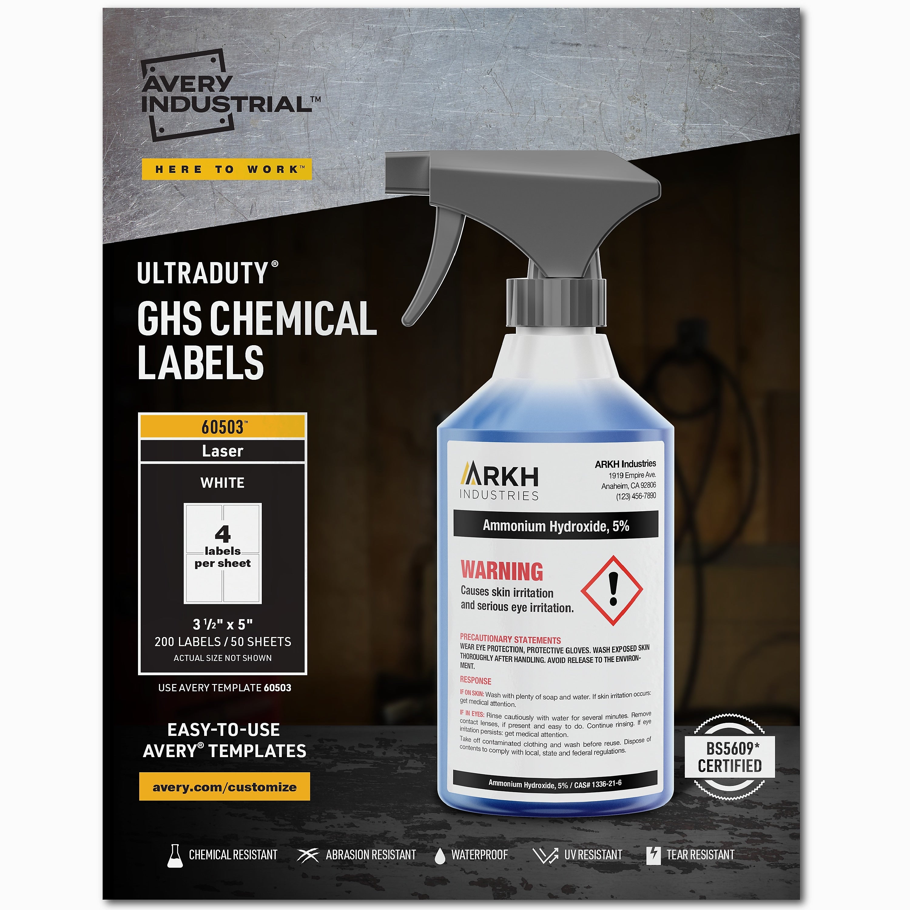 Avery UltraDuty Waterproof Laser GHS Chemical Labels, 3 1/2" x 5", White, 200 Labels/Box (60503 )