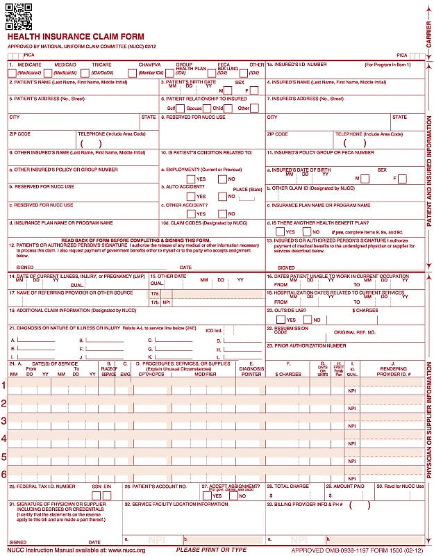 HCFA CMS-1500  Insurance Claim Form, 8-1/2" x 11"