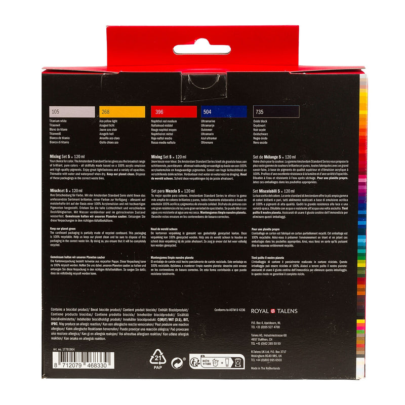 Amsterdam Mixing Acrylic Paint, Assorted Colors, 5/Pack (AMS17791904)