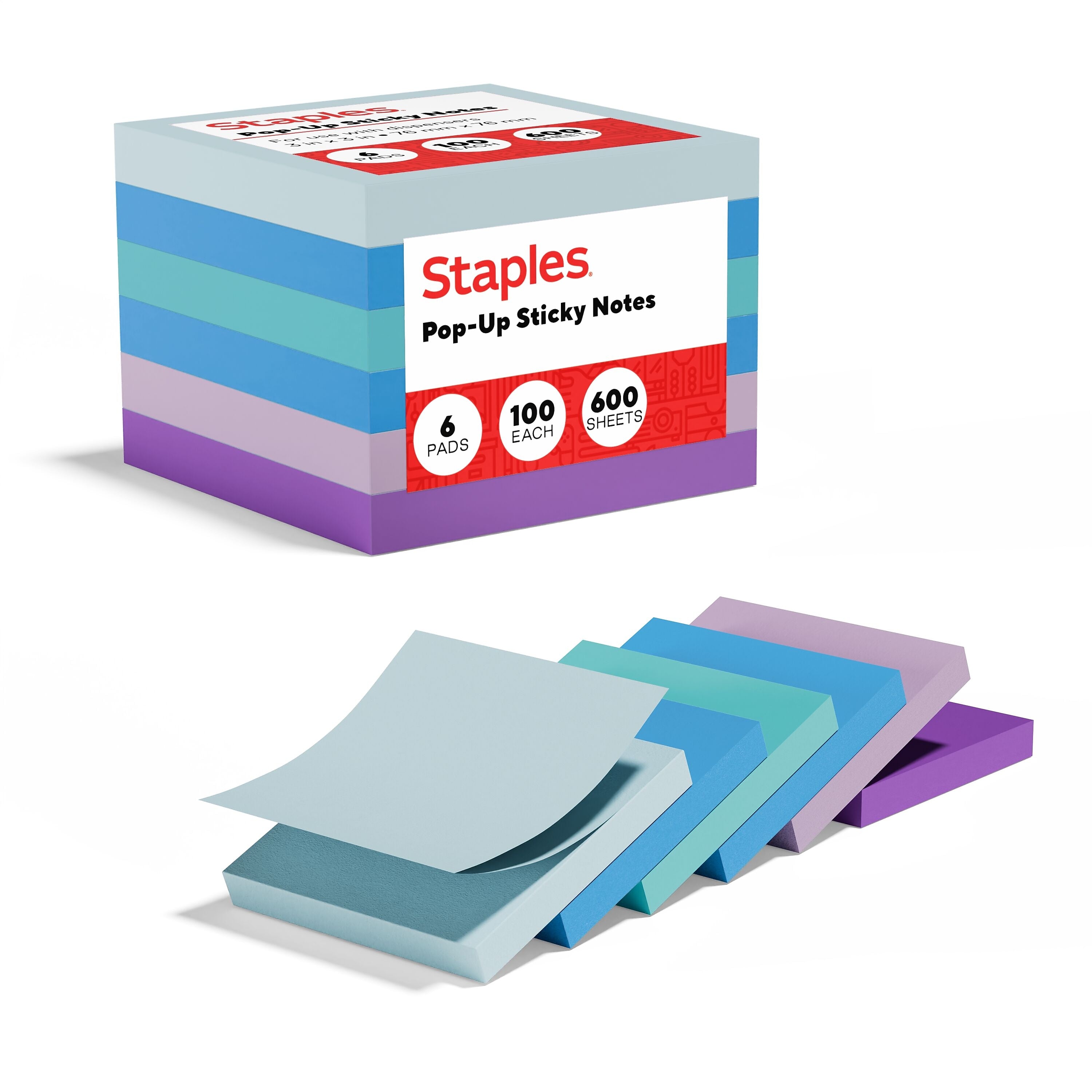 Staples Pop-up Sticky Notes, 3" x 3", Marina Collection, 100 Sheets/Pad, 6 Pads/Pack (S-33WCP6)
