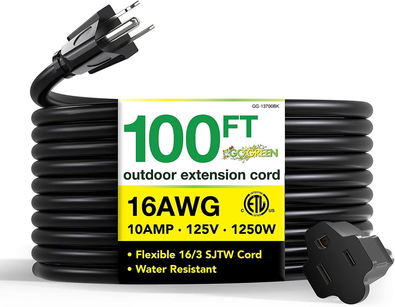 GoGreen Power 100' Indoor/Outdoor Extension Cord, 16 AWG, Black (GG-13700BK)