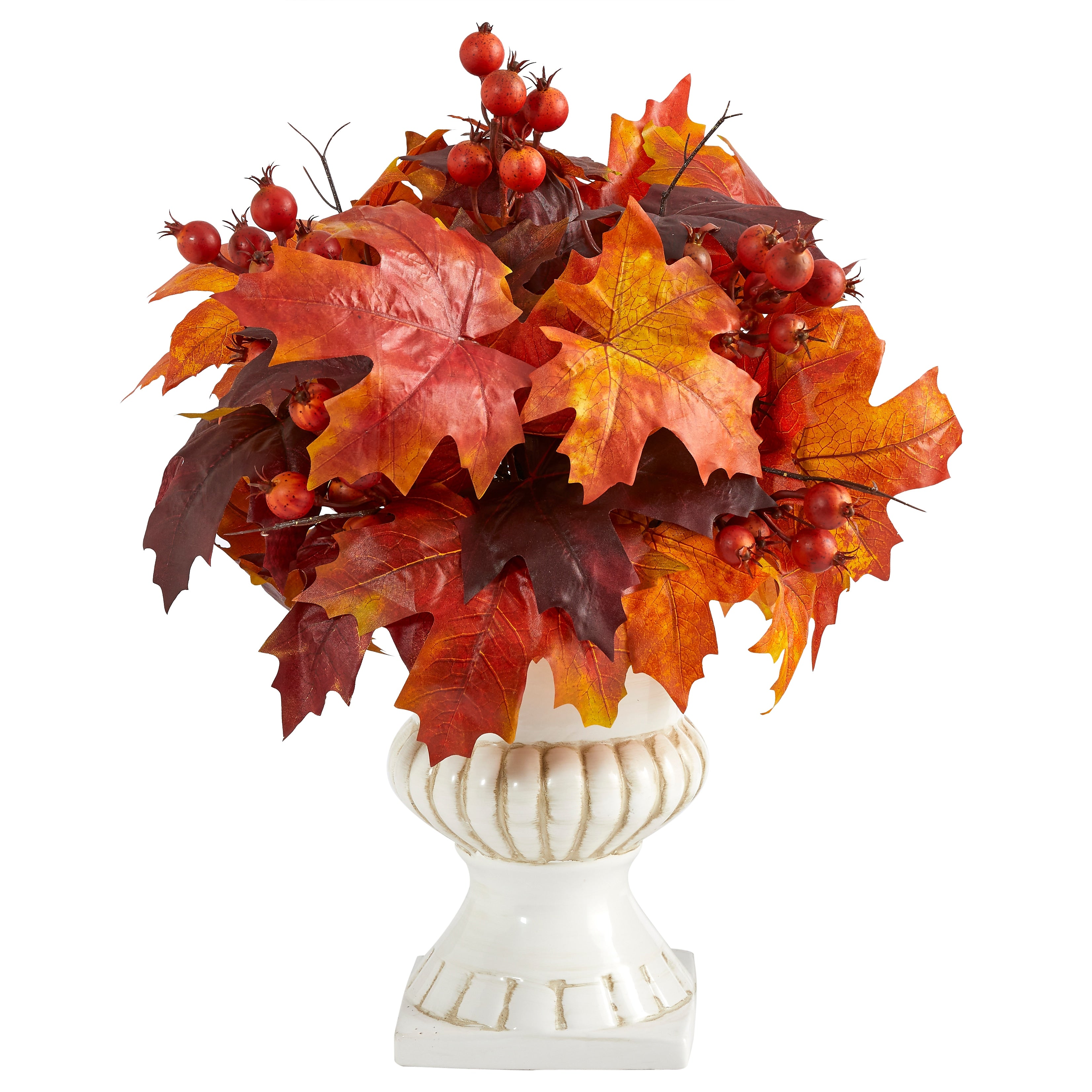 Nearly Natural 20" Autumn Maple Leaf and Berries Artificial Plant in White Urn (P1543)