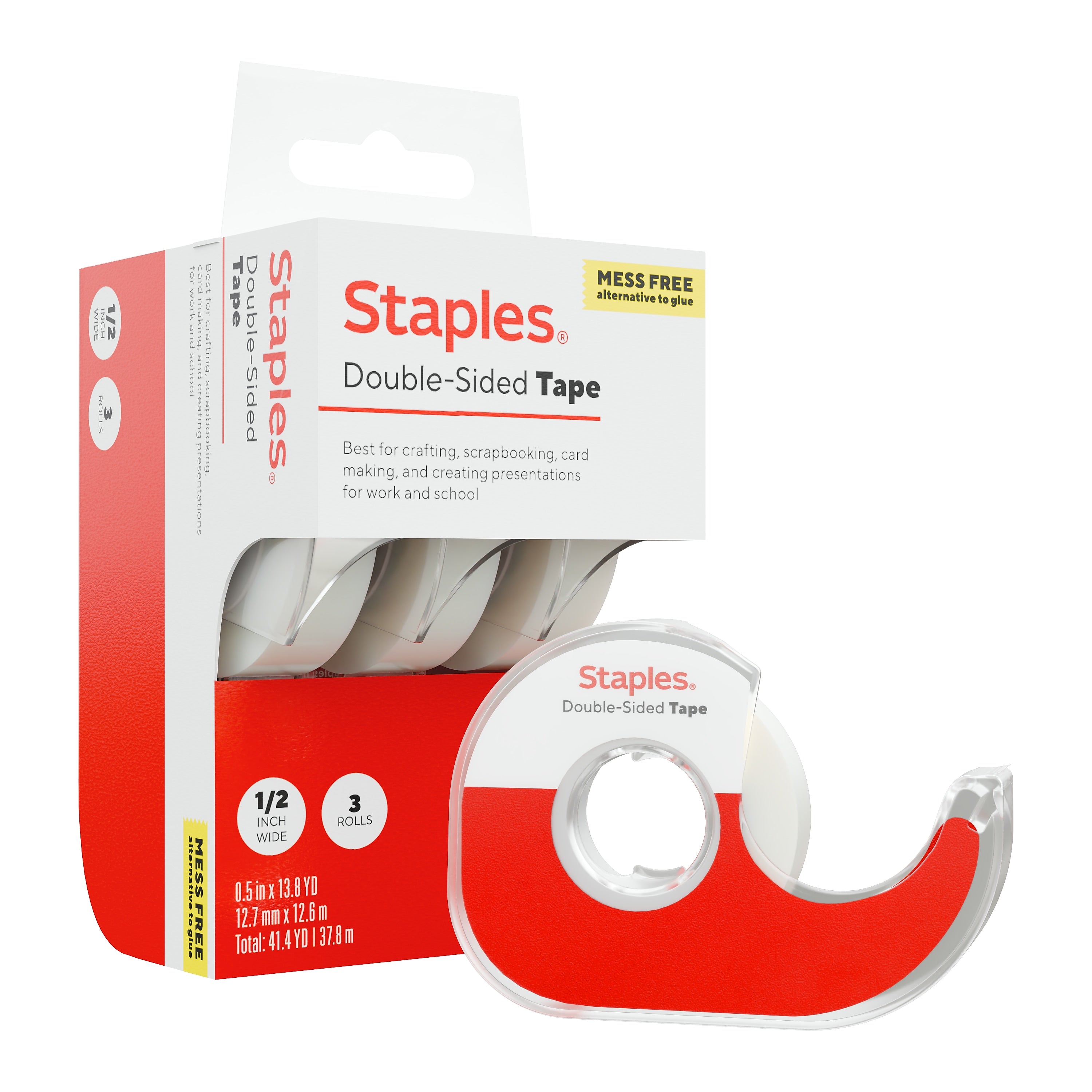 Staples Double-Sided Tape with Dispenser, 1/2" x 13.8 yds., 3/Pack (ST62848)