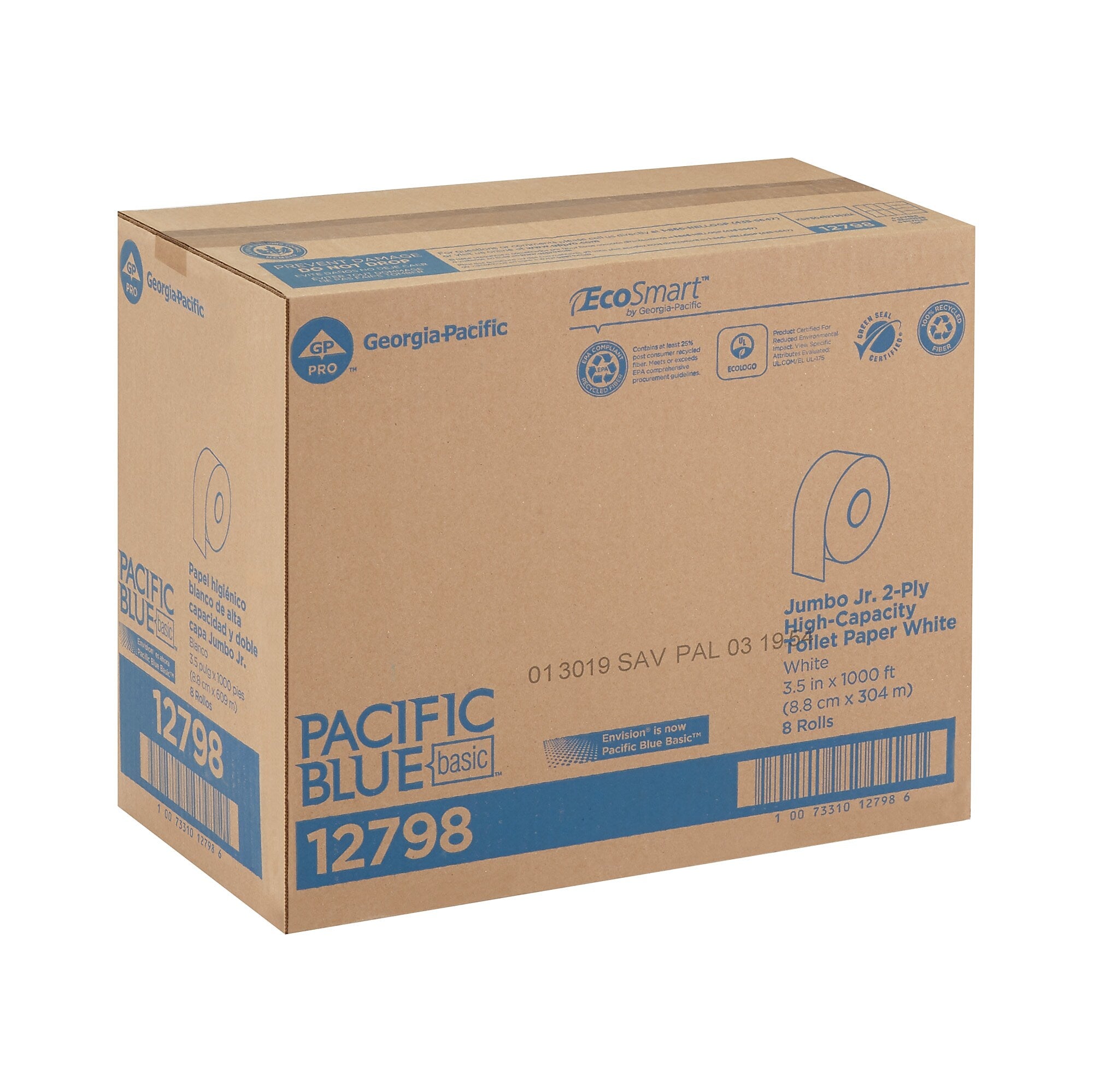 Georgia Pacific Blue Basic Recycled Jumbo Jr. Toilet Paper, 2-Ply, White, 1000 ft./Roll, 8 Rolls/Carton (12798)