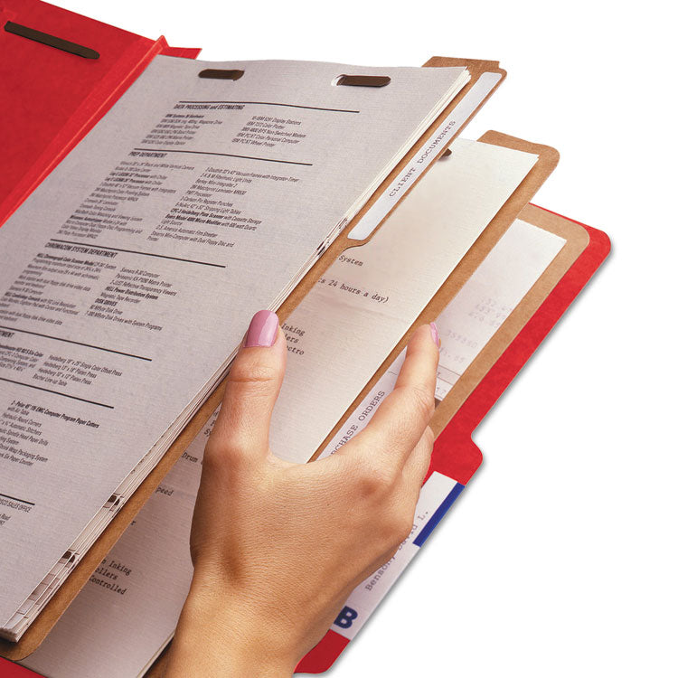 Eight-Section Pressboard Top Tab Classification Folders, 8 SafeSHIELD Fasteners, 3 Dividers, Legal Size, Bright Red, 10/Box