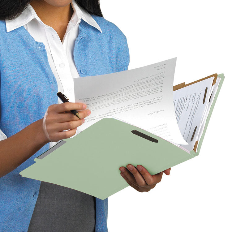 Recycled Pressboard Classification Folders, 3" Expansion, 3 Dividers, 8 Fasteners, Legal Size, Gray-Green, 10/Box