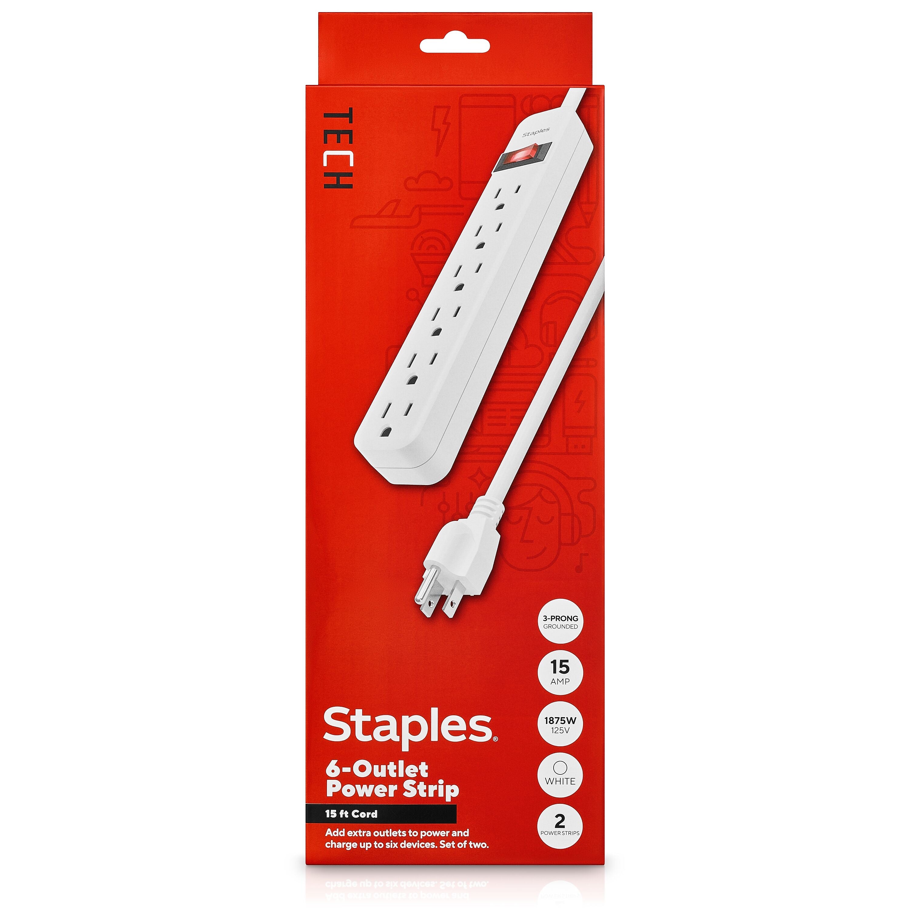 Staples TECH 6-Outlet Power Strip, 15' Cord, White, 2/Pack (42321)