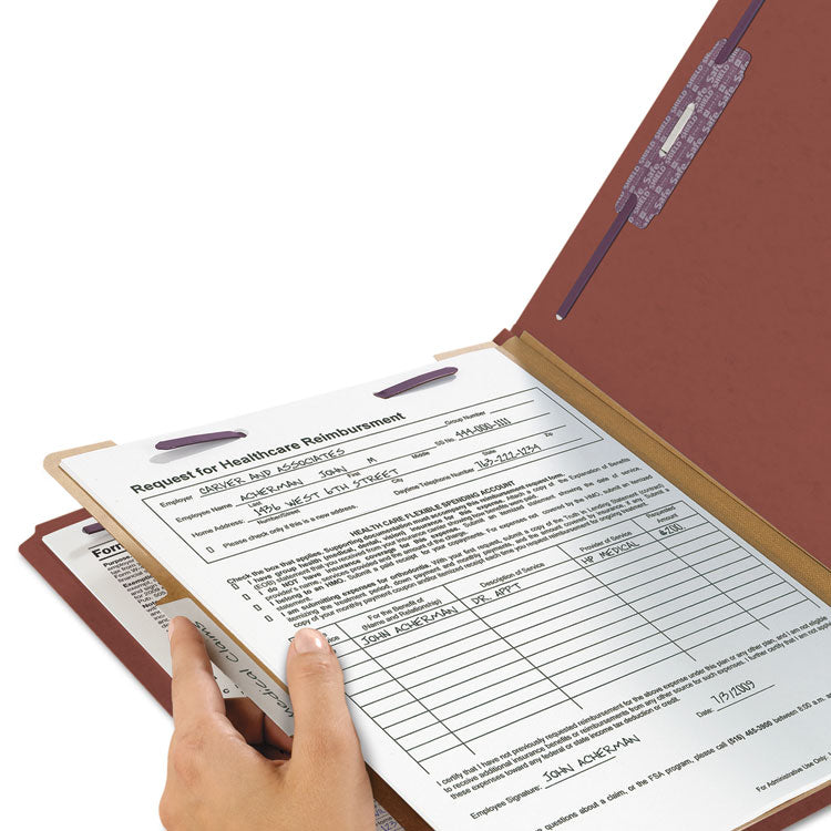 Recycled Pressboard Classification Folders, 2" Expansion, 1 Divider, 4 Fasteners, Letter Size, Red Exterior, 10/Box