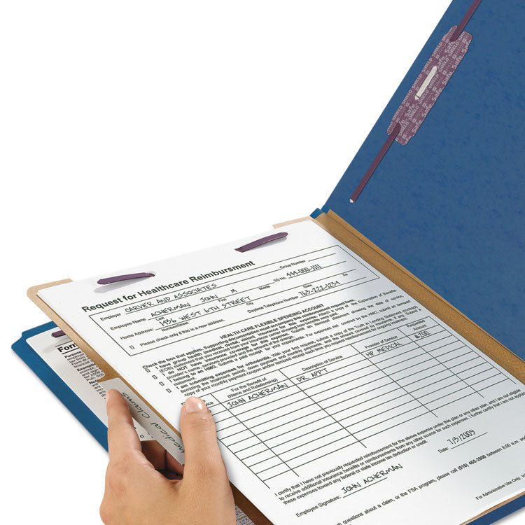 Four-Section Pressboard Top Tab Classification Folders, Four SafeSHIELD Fasteners, 1 Divider, Letter Size, Dark Blue, 10/Box