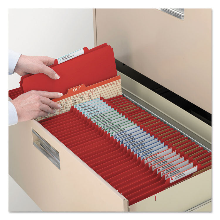 Eight-Section Pressboard Top Tab Classification Folders, 8 SafeSHIELD Fasteners, 3 Dividers, Letter Size, Bright Red, 10/Box