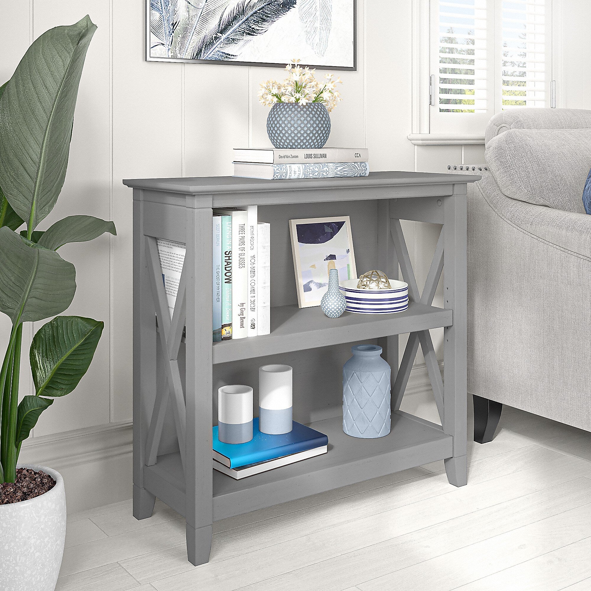 Bush Furniture Key West 30"H 2-Shelf Bookcase with Adjustable Shelf, Cape Cod Gray (KWB124CG-03)