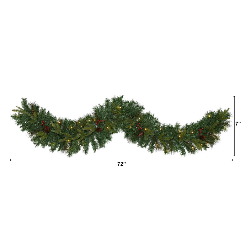 Nearly Natural 6-ft Mixed Pine Artificial Christmas Garland with 35 Clear LED Lights, Berries and Pinecones (W1108)