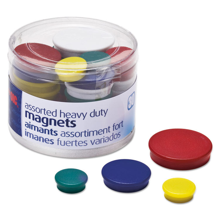 Assorted Heavy-Duty Magnets, Circles, Assorted Sizes: (12) Small, (12) Medium, (6) Large, Assorted Colors, 30/Pack