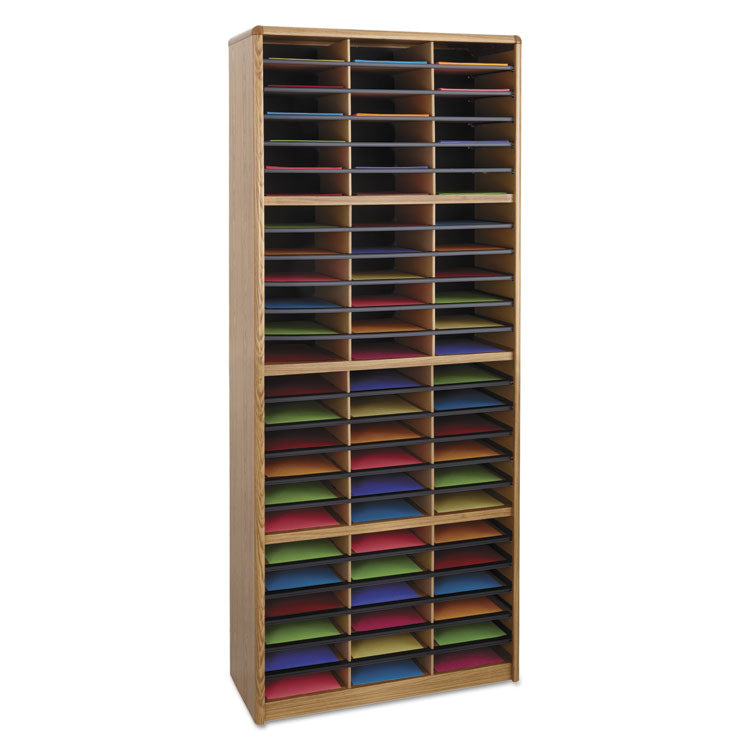 Steel/Fiberboard Literature Sorter, 72 Compartments, 32.25 x 13.5 x 75, Med Oak
