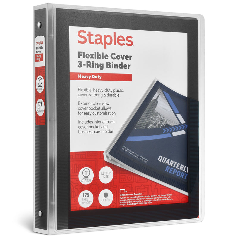 Staples Heavy Duty 1" 3-Ring Flexible Poly Binder, Black (ST62612)